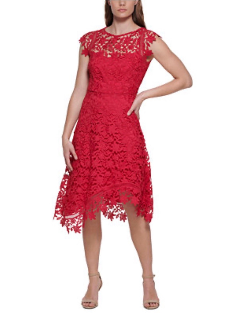 Eliza J Asymmetrical-Hem Lace Midi Dress